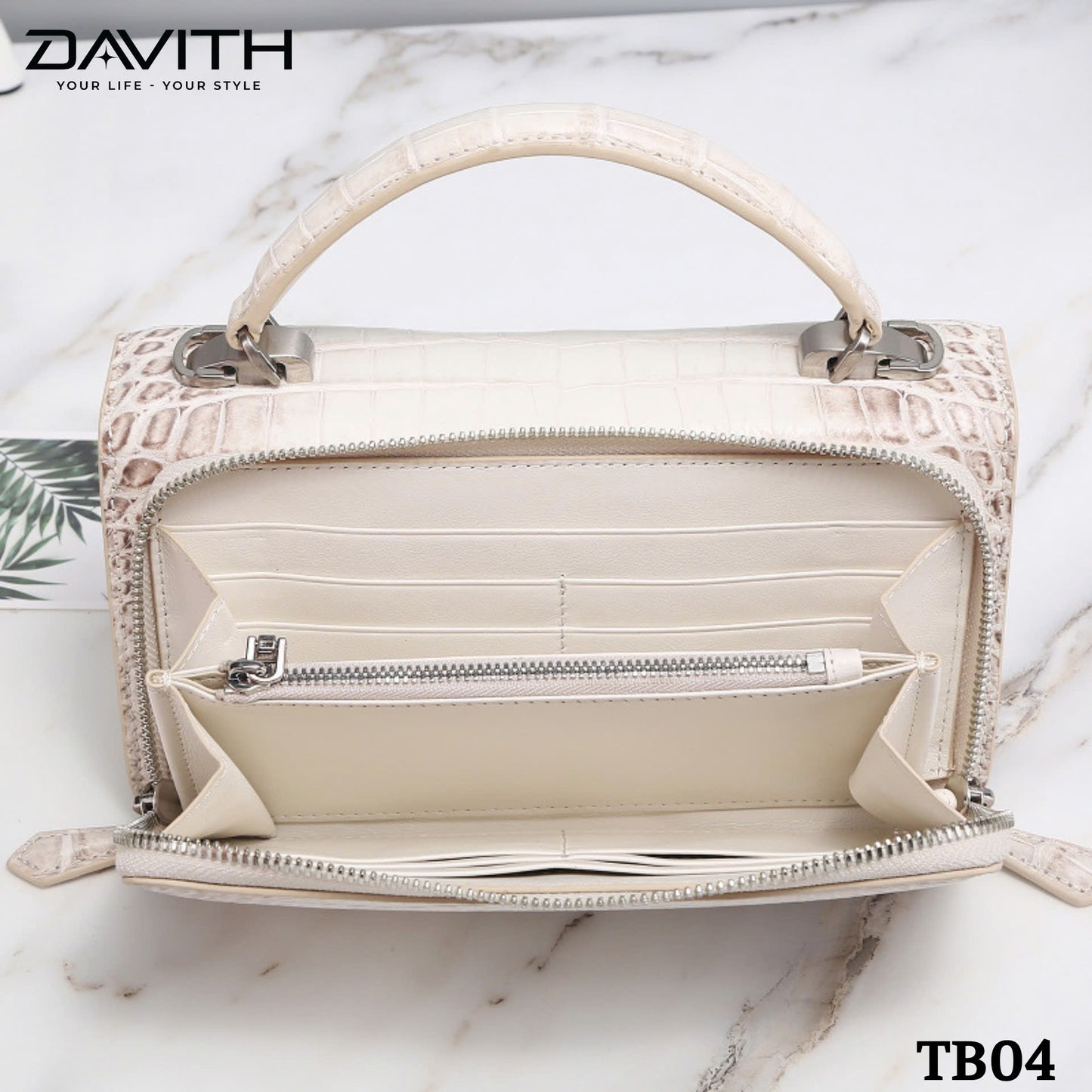 High-end women's crocodile belly leather handbag in albino white - TB04