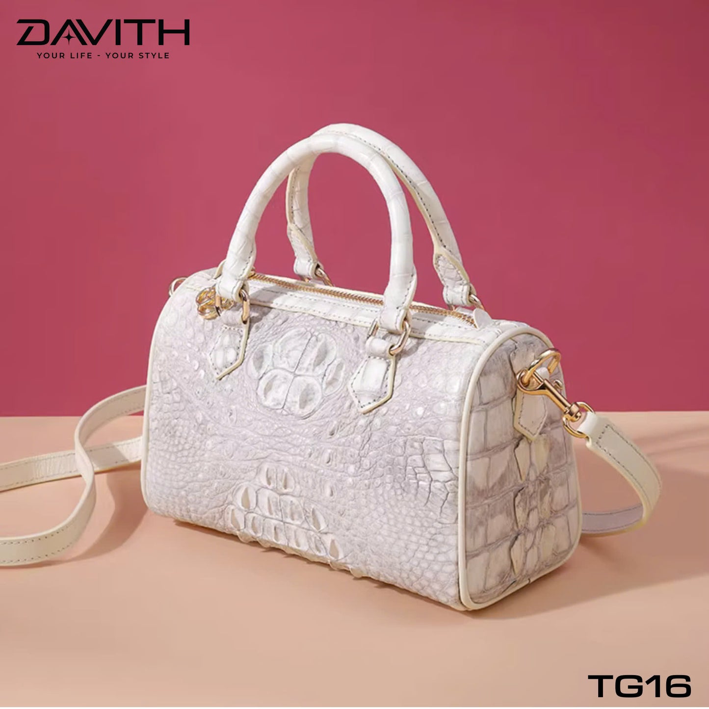 High-end women's crocodile hump leather handbag in albino white - TG16