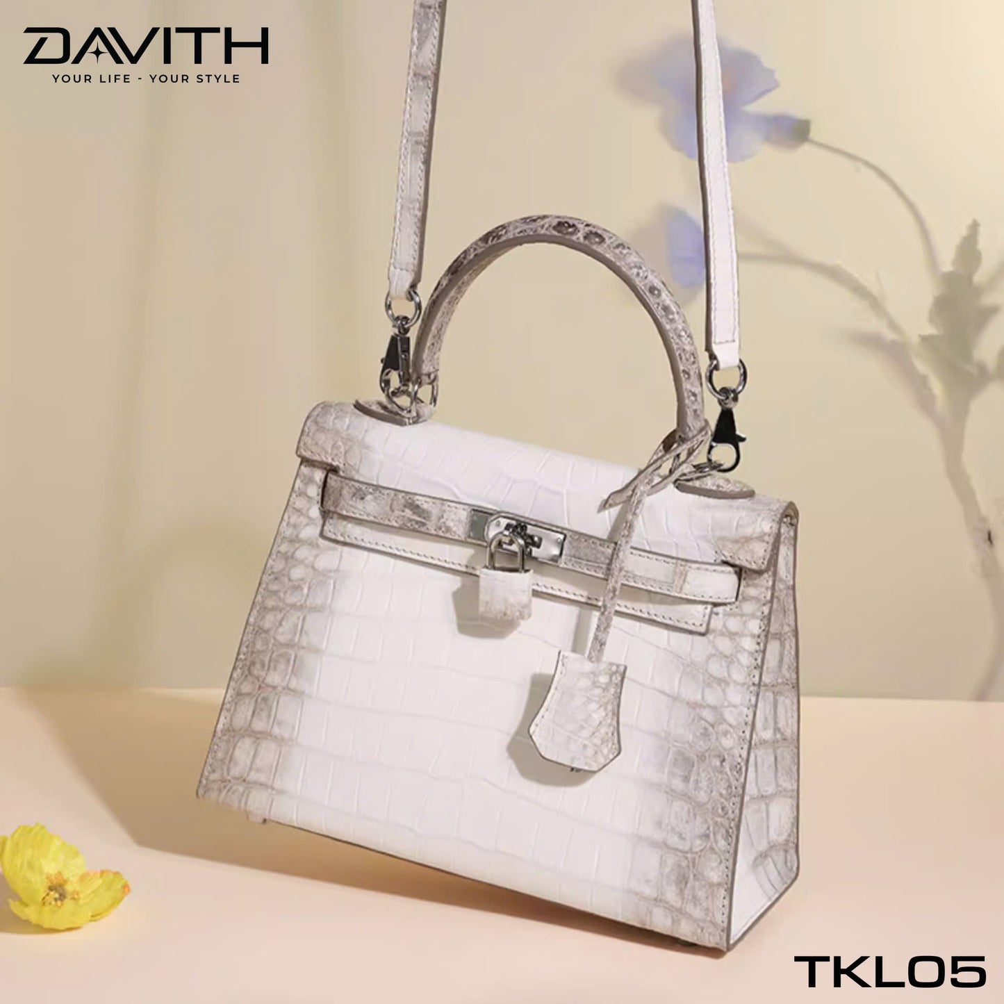 High-end women's crocodile belly leather handbag in albino white - TKL05