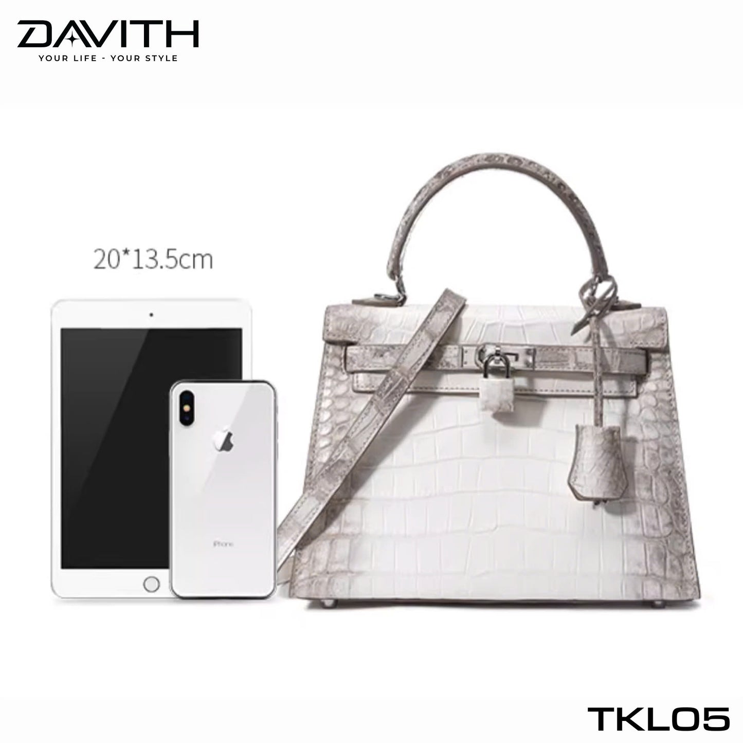 High-end women's crocodile belly leather handbag in albino white - TKL05