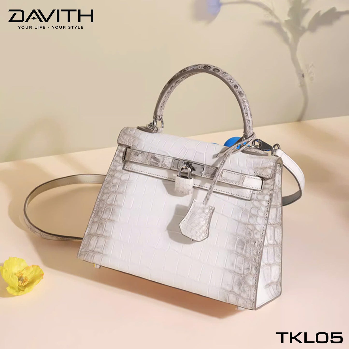 High-end women's crocodile belly leather handbag in albino white - TKL05