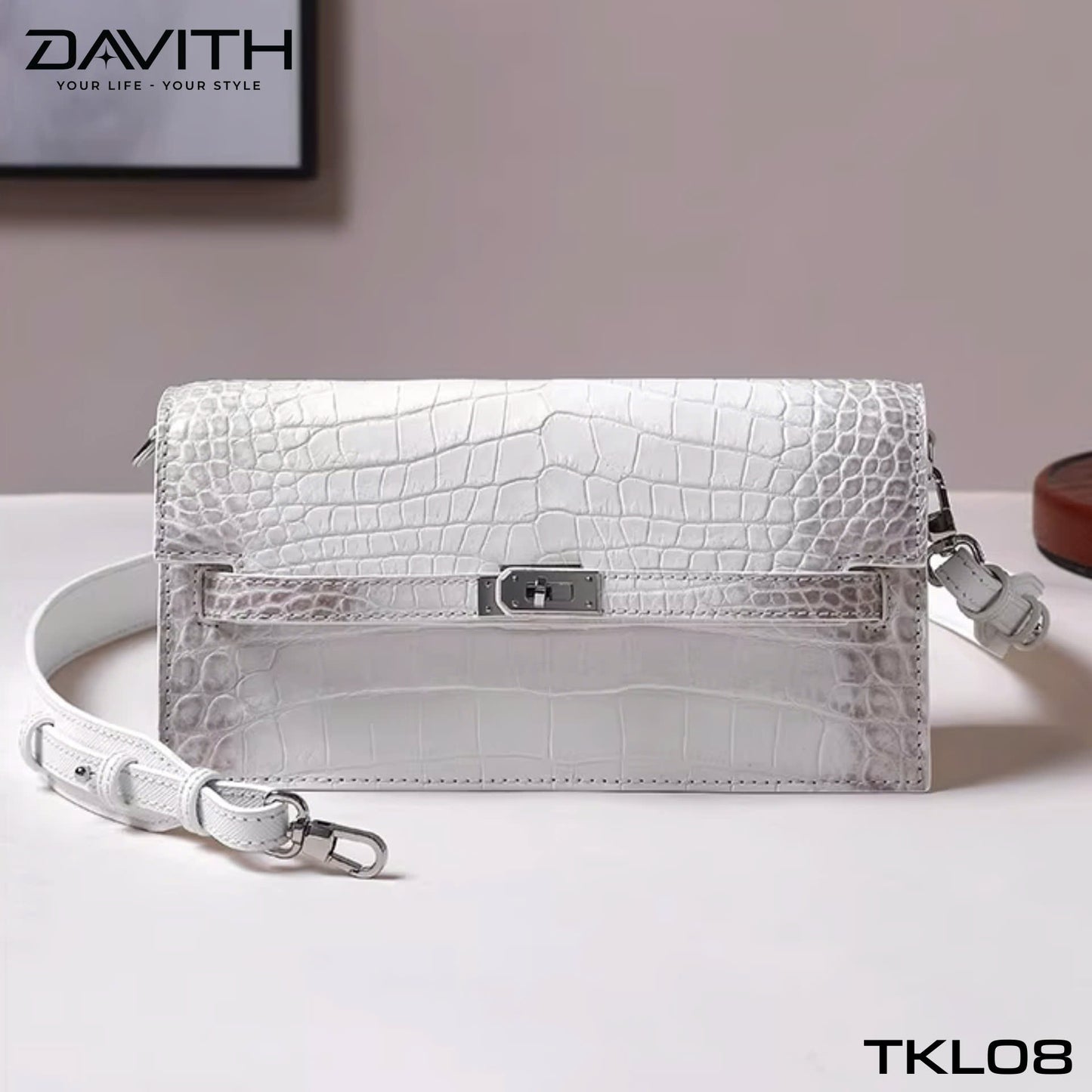 High-end women's crocodile belly leather handbag in albino white - TKL08