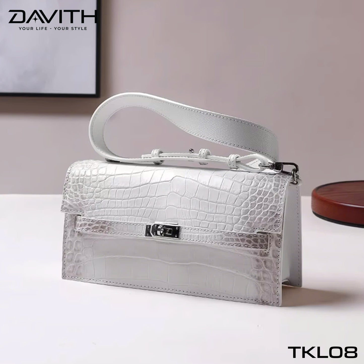 High-end women's crocodile belly leather handbag in albino white - TKL08