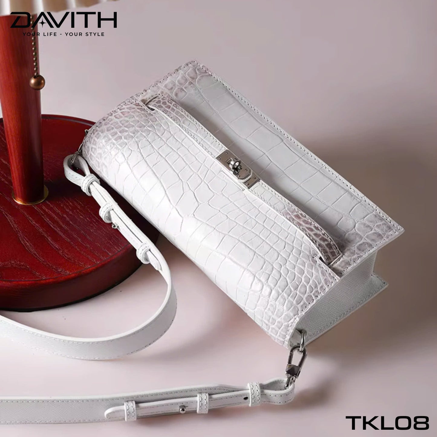 High-end women's crocodile belly leather handbag in albino white - TKL08