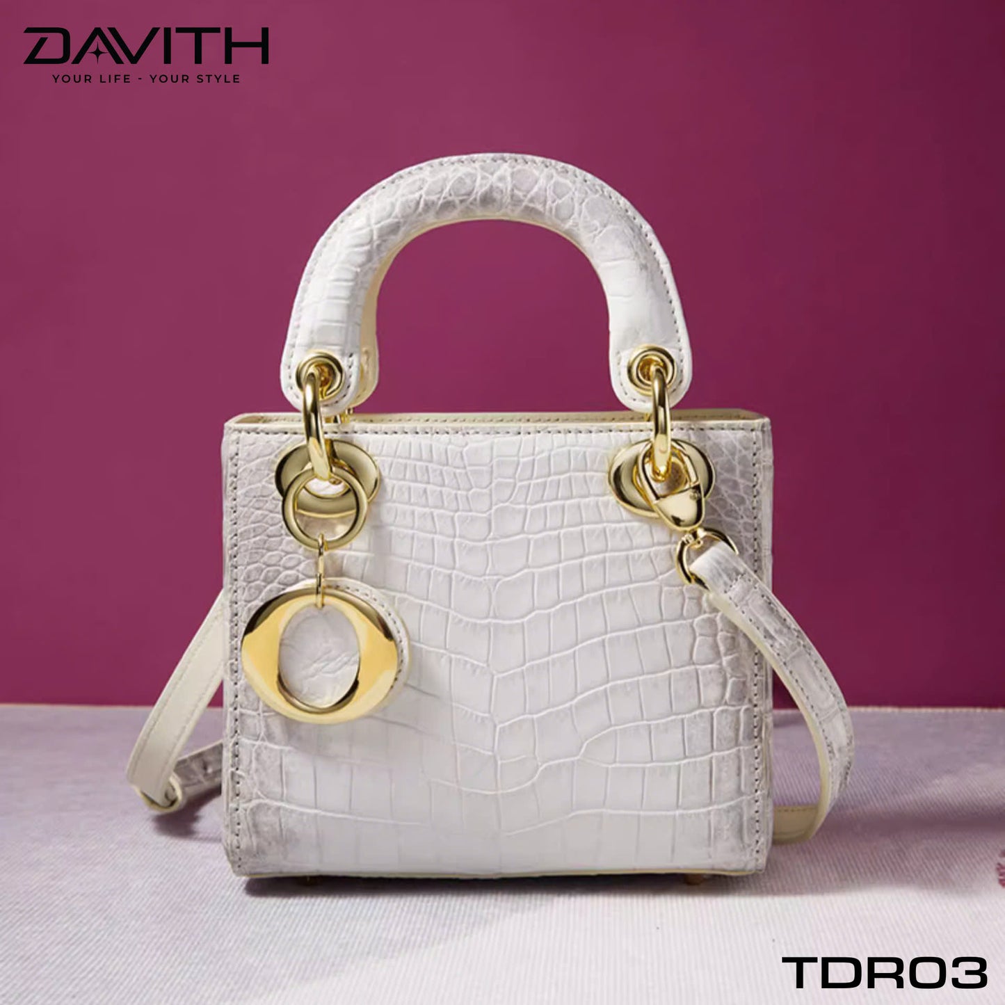 High-end women's crocodile belly leather handbag in albino white - TDR03