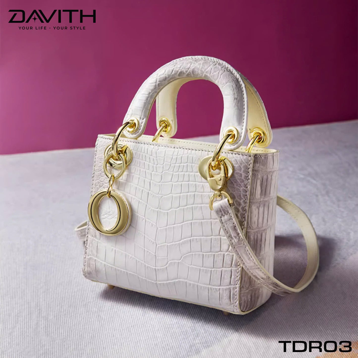 High-end women's crocodile belly leather handbag in albino white - TDR03