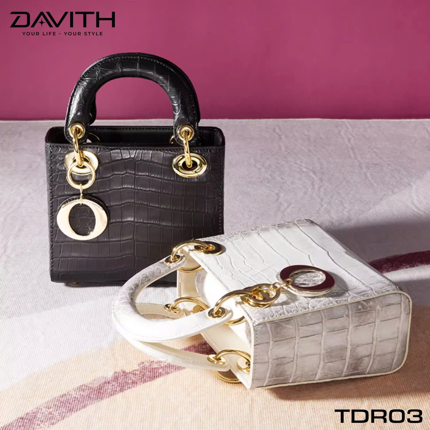 High-end women's crocodile belly leather handbag in albino white - TDR03