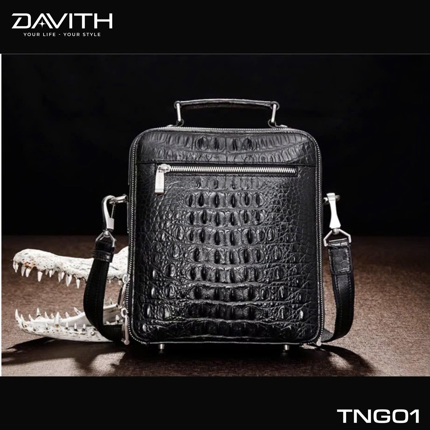 Men's shoulder bag made from premium Grade 1 buffalo-hump crocodile leather – TNG01