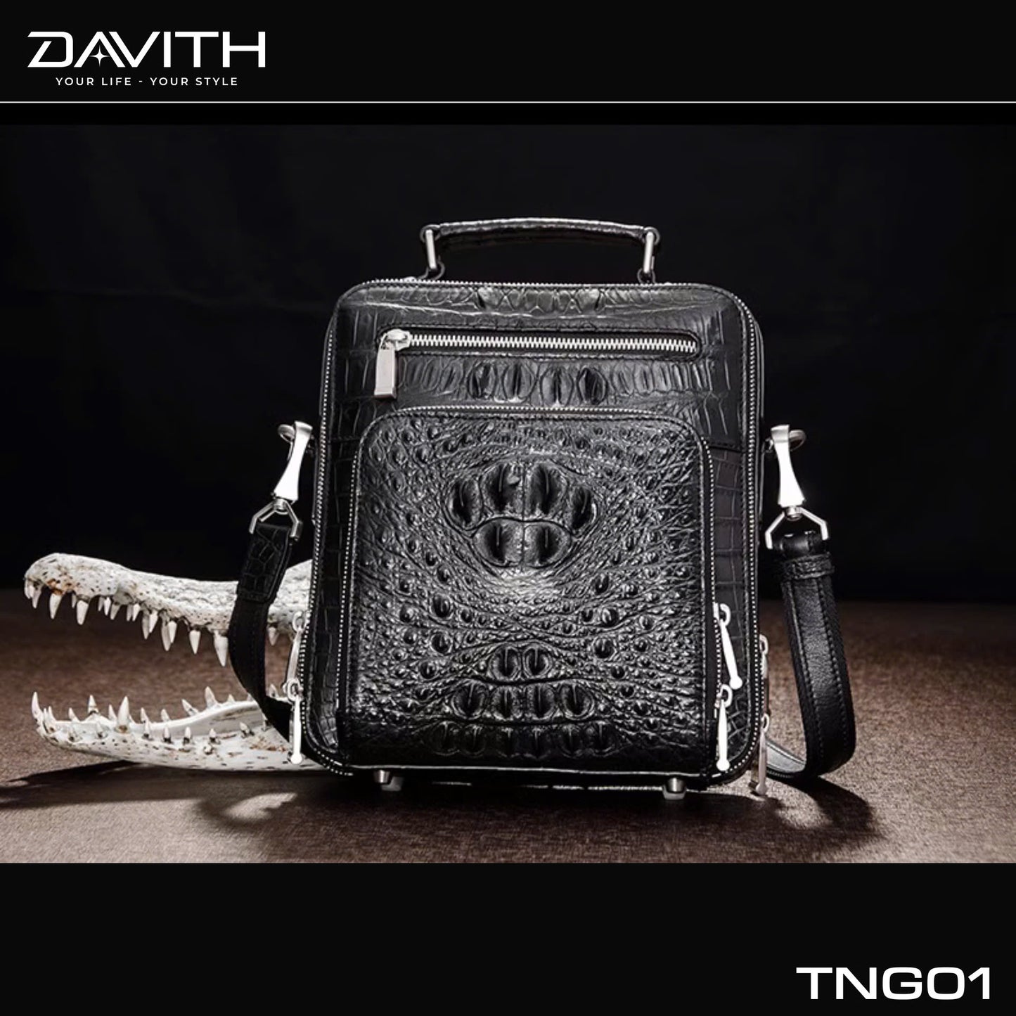 Men's shoulder bag made from premium Grade 1 buffalo-hump crocodile leather – TNG01
