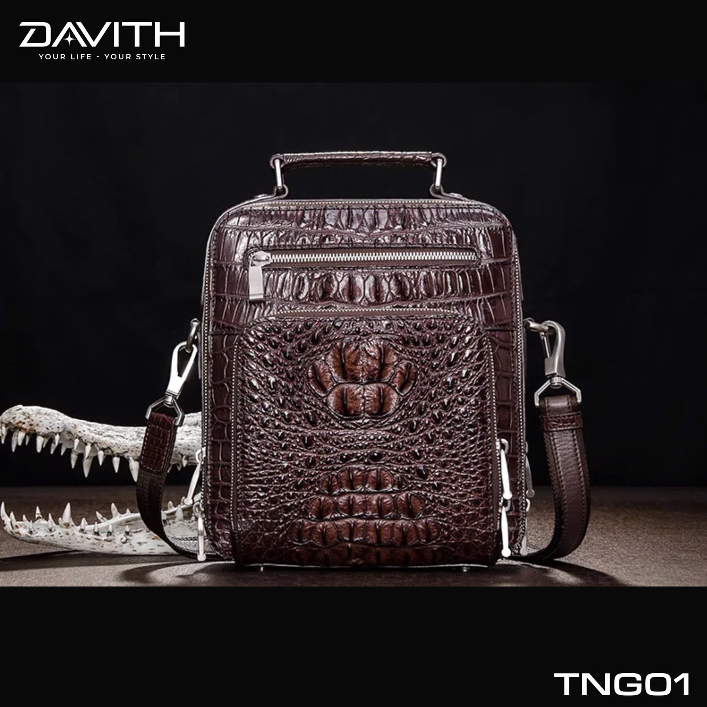 Men's shoulder bag made from premium Grade 1 buffalo-hump crocodile leather – TNG01