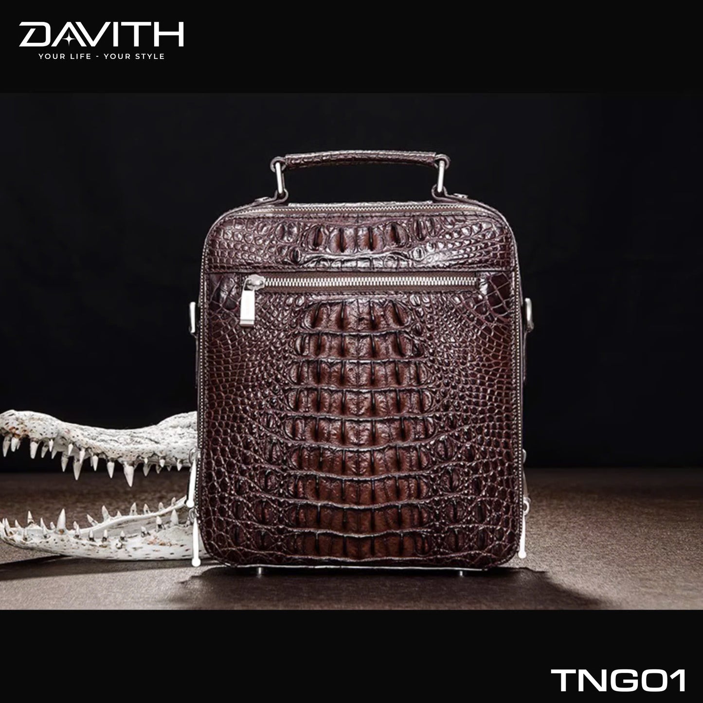 Men's shoulder bag made from premium Grade 1 buffalo-hump crocodile leather – TNG01