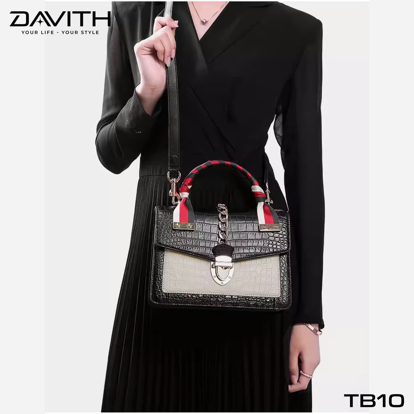 Luxury women's handbag crafted from premium Grade 1 crocodile belly leather with mixed leather design - TB10