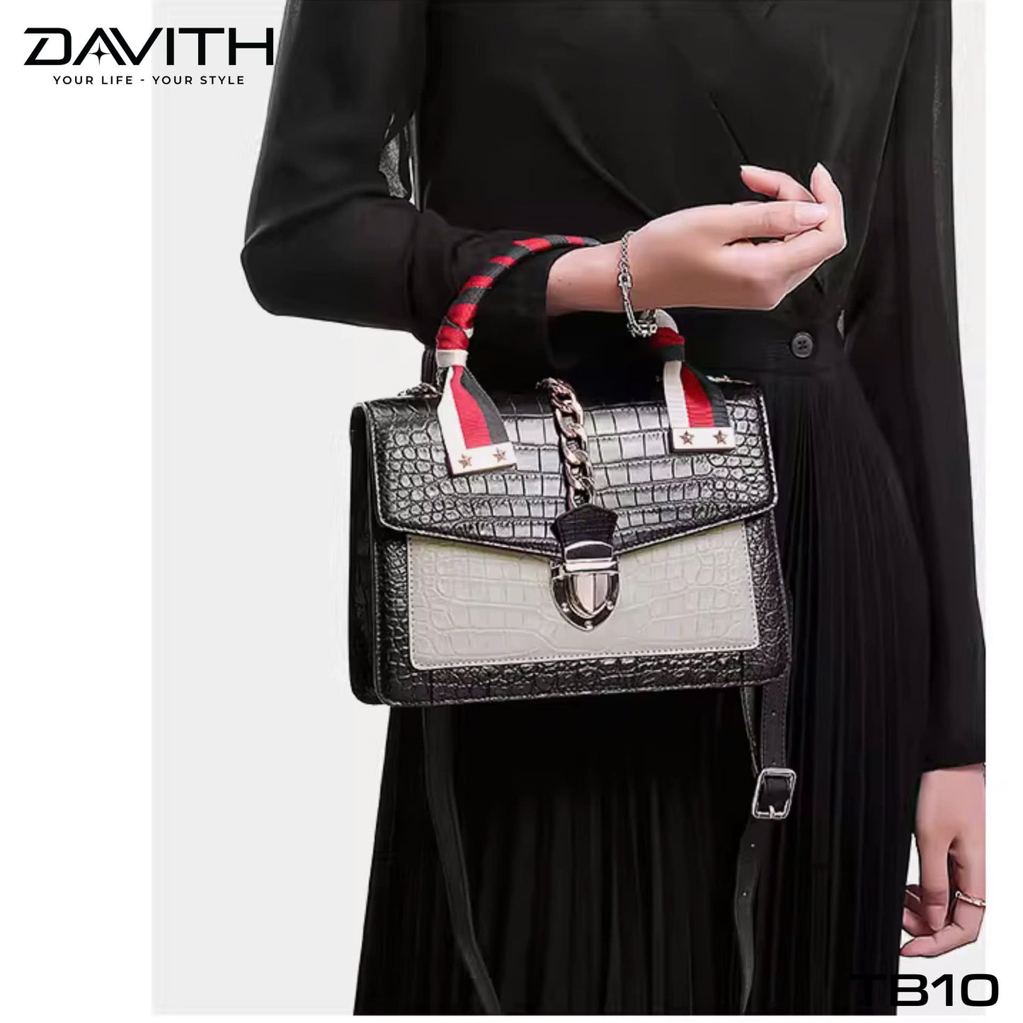 Luxury women's handbag crafted from premium Grade 1 crocodile belly leather with mixed leather design - TB10
