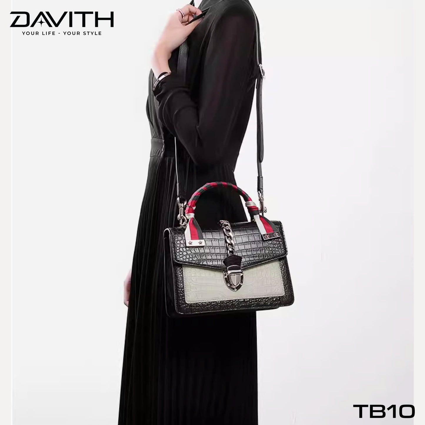 Luxury women's handbag crafted from premium Grade 1 crocodile belly leather with mixed leather design - TB10