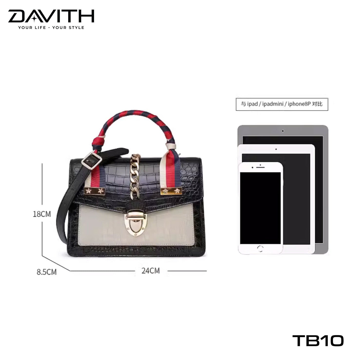 Luxury women's handbag crafted from premium Grade 1 crocodile belly leather with mixed leather design - TB10