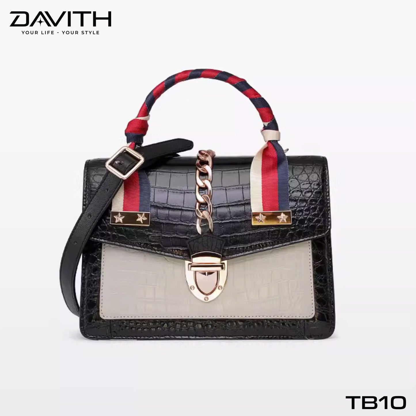 Luxury women's handbag crafted from premium Grade 1 crocodile belly leather with mixed leather design - TB10