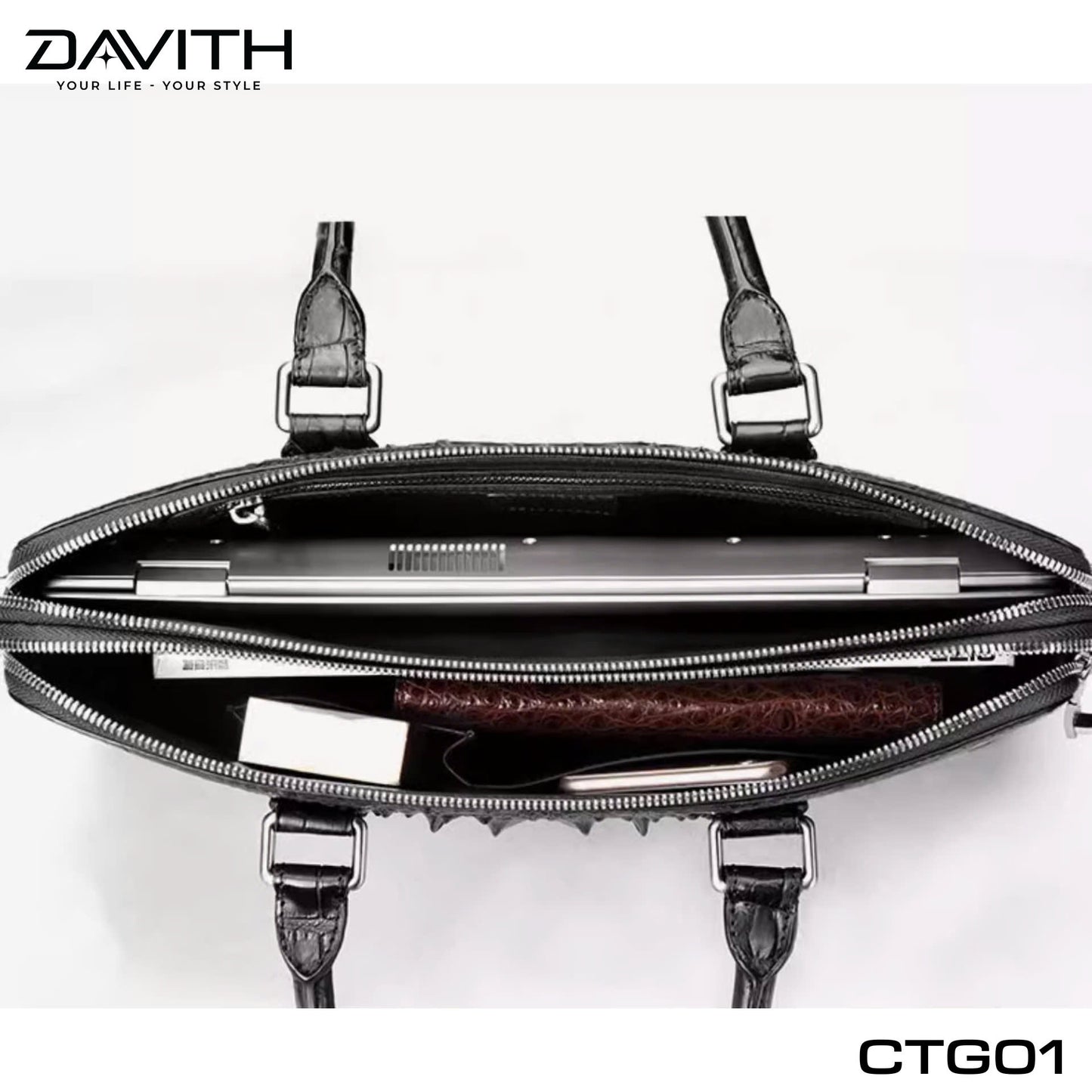 Premium Grade 1 Crocodile Hump Leather Men's Office Briefcase - CTG01