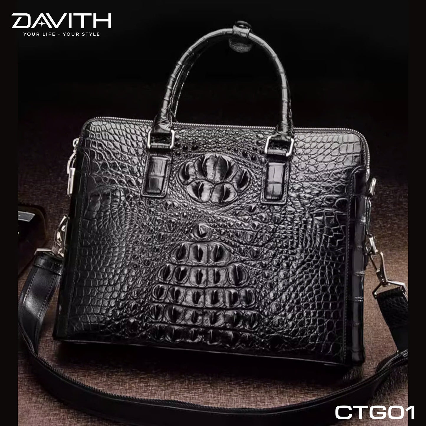 Premium Grade 1 Crocodile Hump Leather Men's Office Briefcase - CTG01