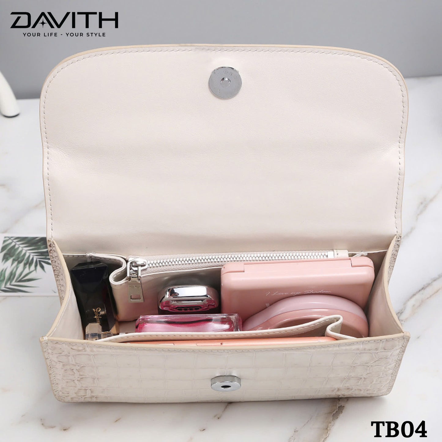 High-end women's crocodile belly leather handbag in albino white - TB04