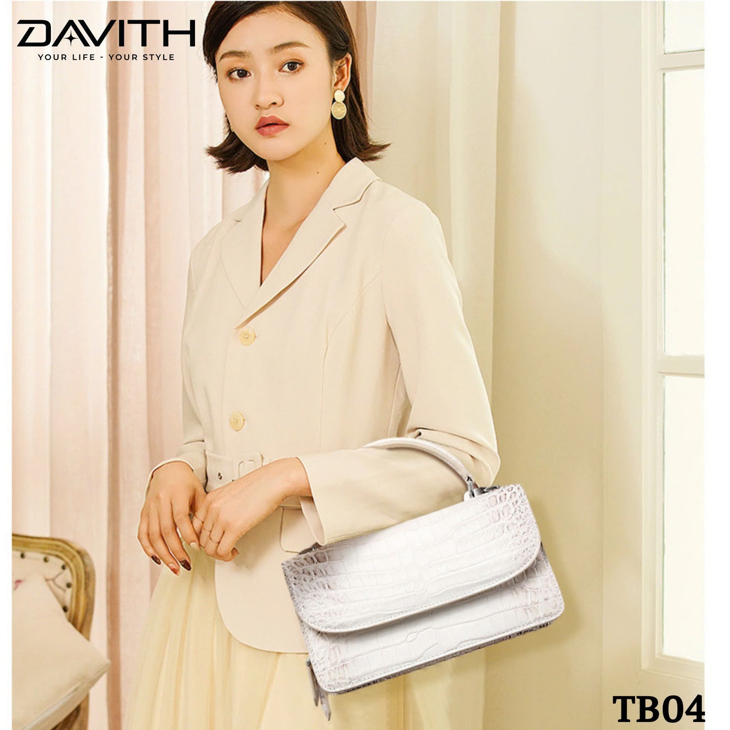 High-end women's crocodile belly leather handbag in albino white - TB04