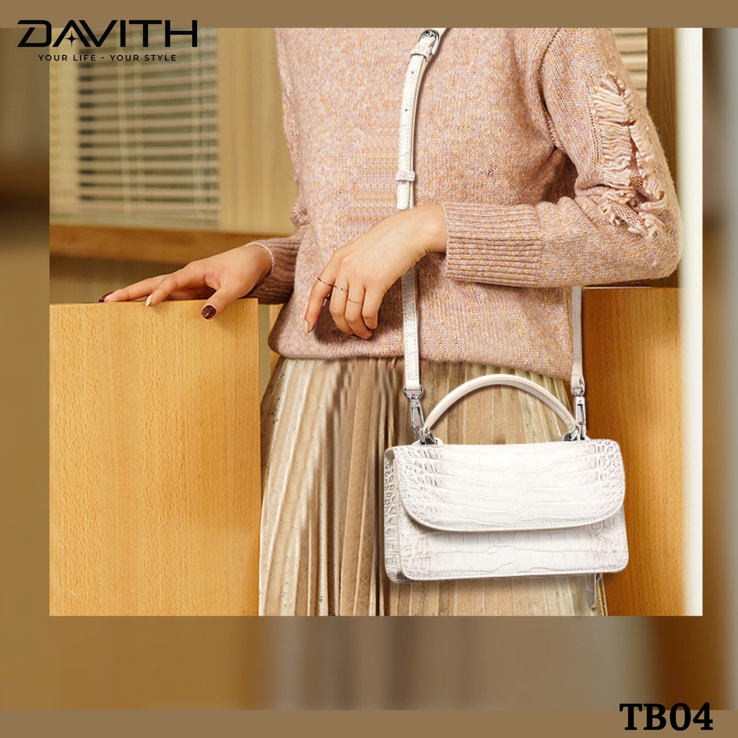 High-end women's crocodile belly leather handbag in albino white - TB04