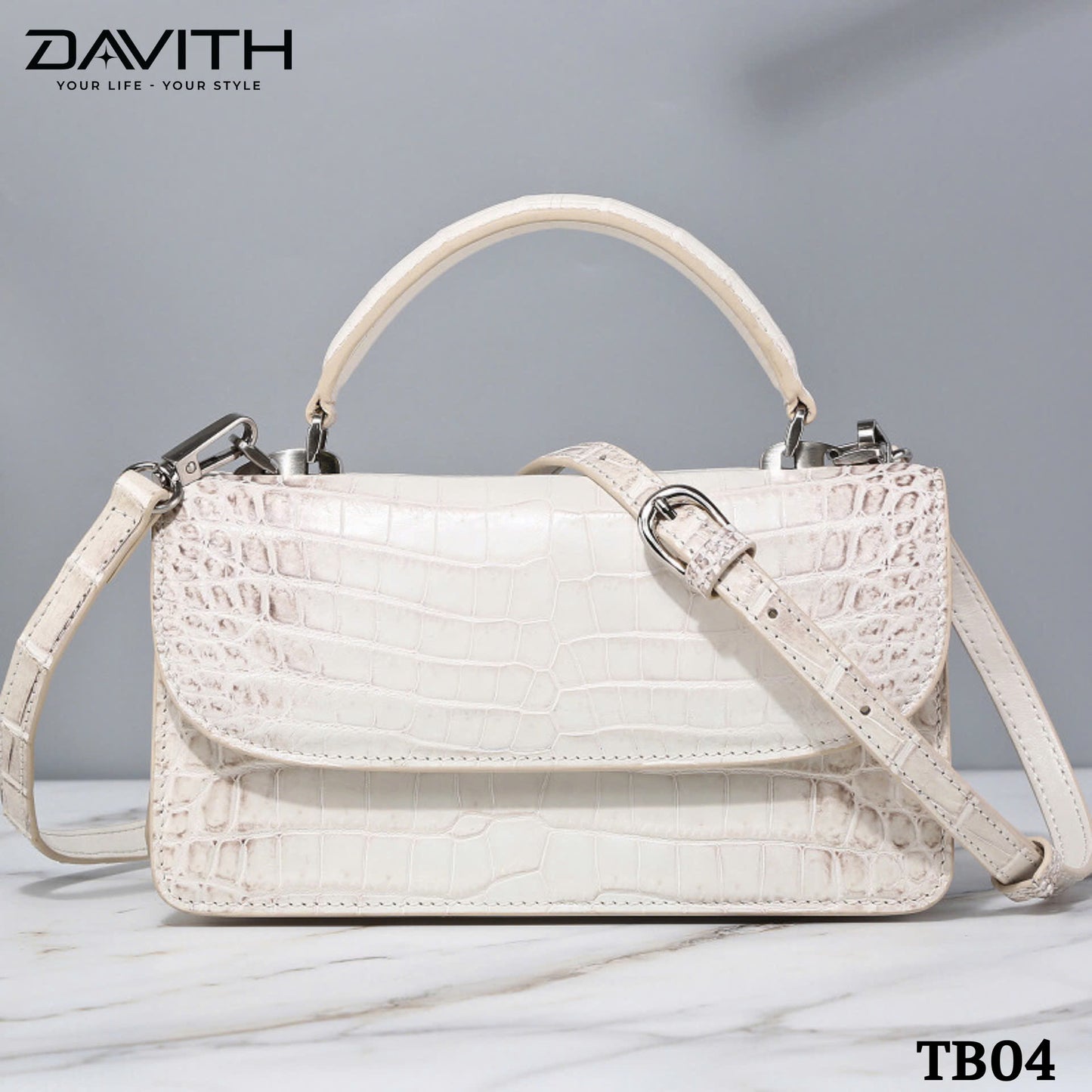 High-end women's crocodile belly leather handbag in albino white - TB04