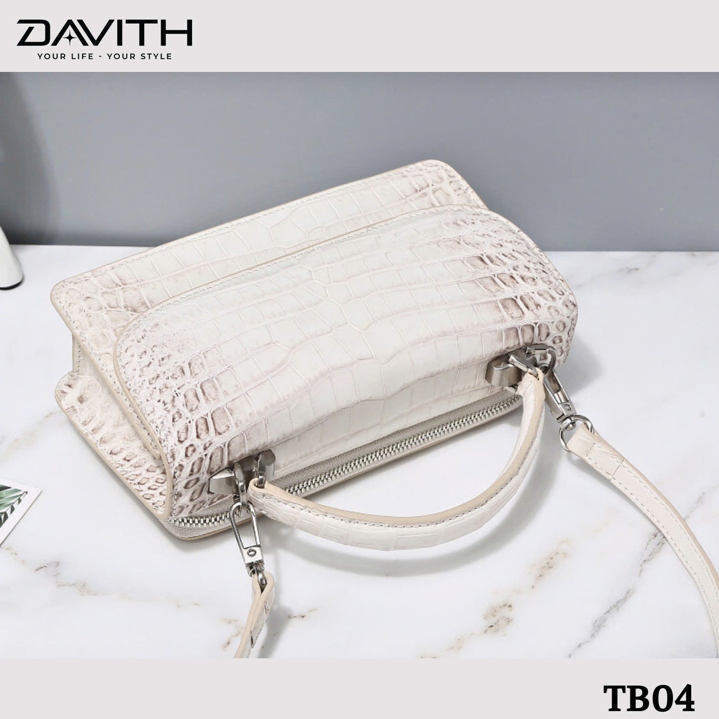 High-end women's crocodile belly leather handbag in albino white - TB04