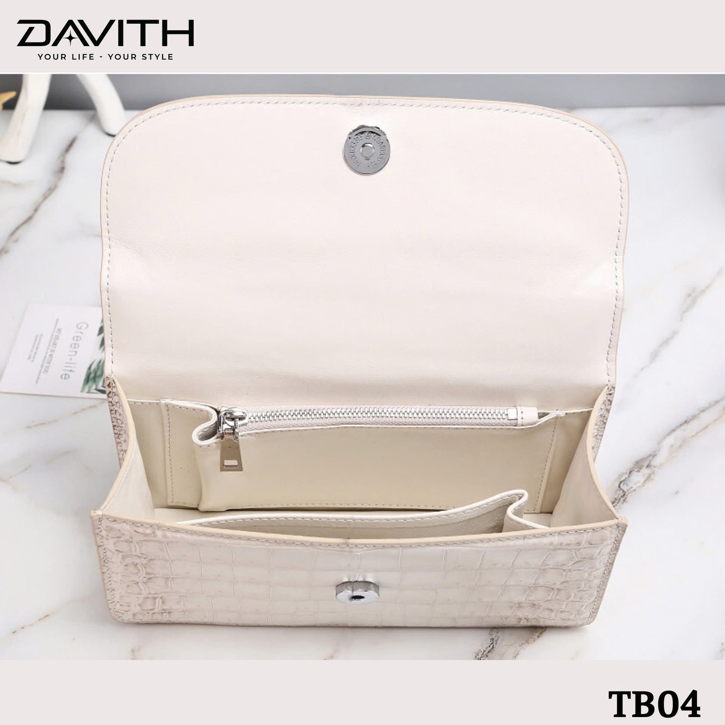 High-end women's crocodile belly leather handbag in albino white - TB04