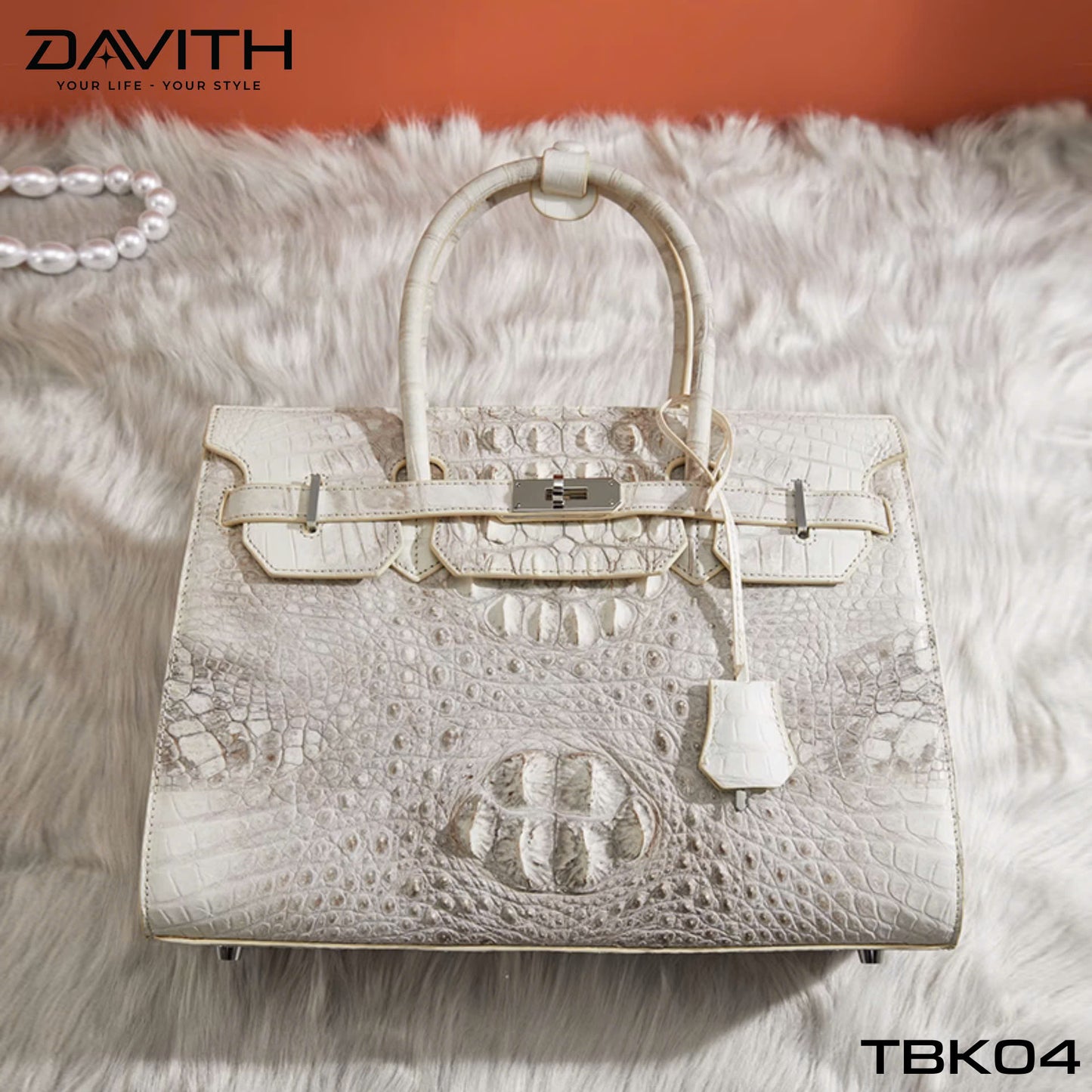 High-end women's crocodile hump leather handbag in albino white - TBK04